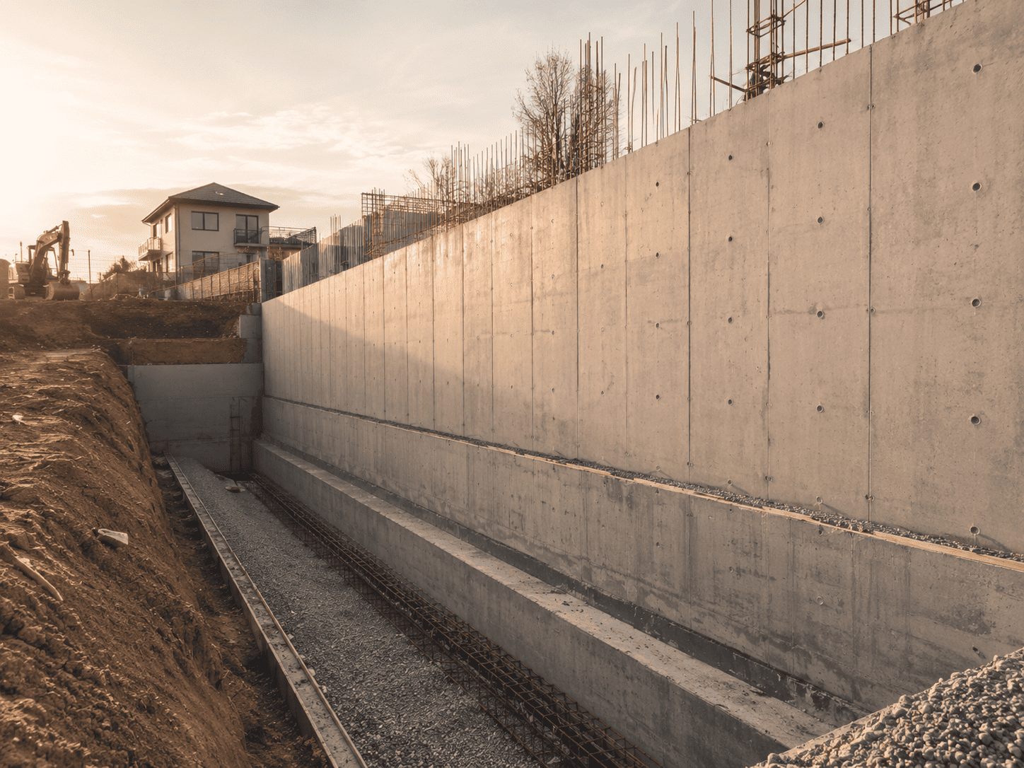 Vista general de muro estructural de hormigón armado en construcción