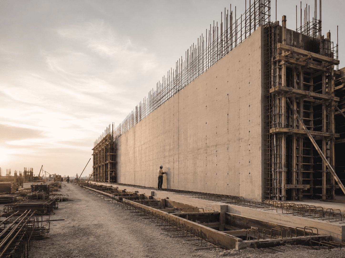 Muro de sótano de hormigón armado en fase de obra