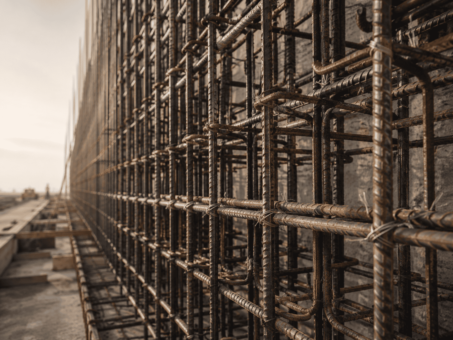 Construcción de muro de hormigón armado en Madrid con encofrado y acero de refuerzo