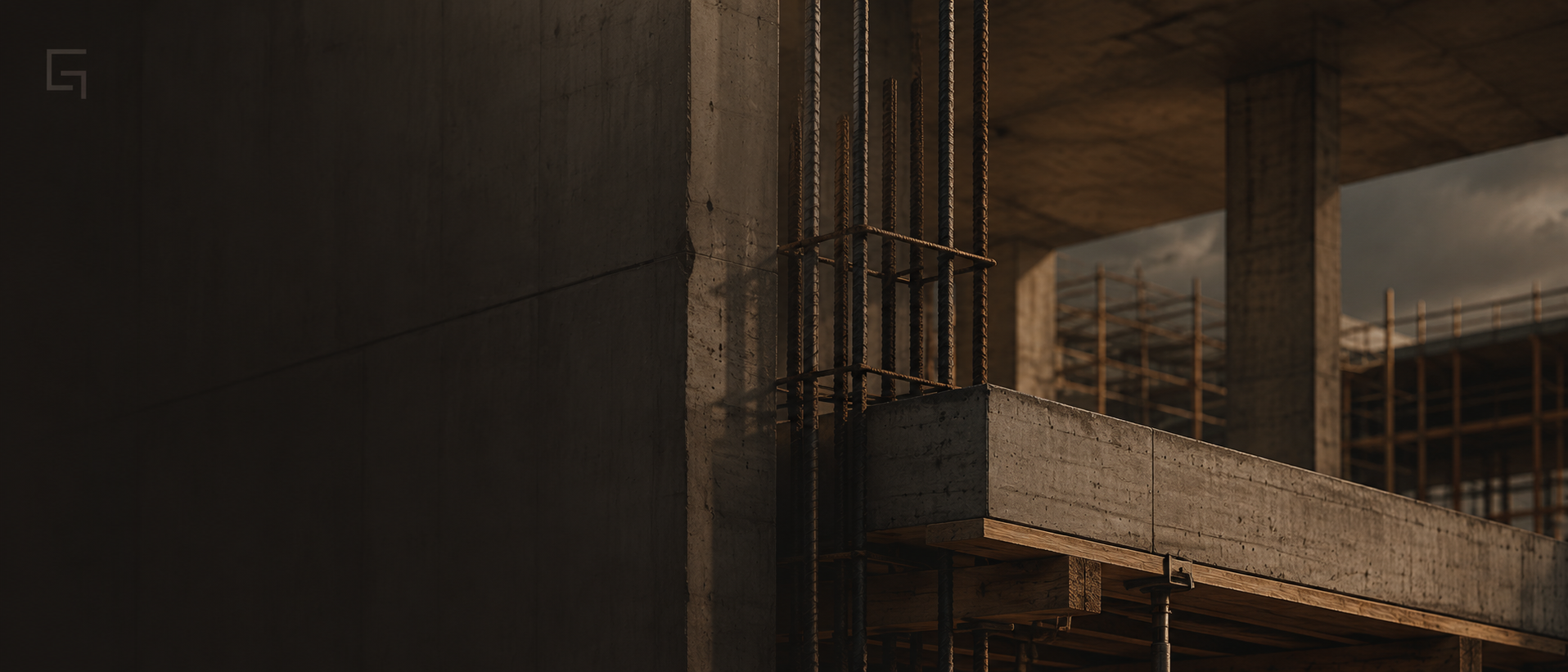 Estructura de hormigón armado en construcción con ferralla y encofrado