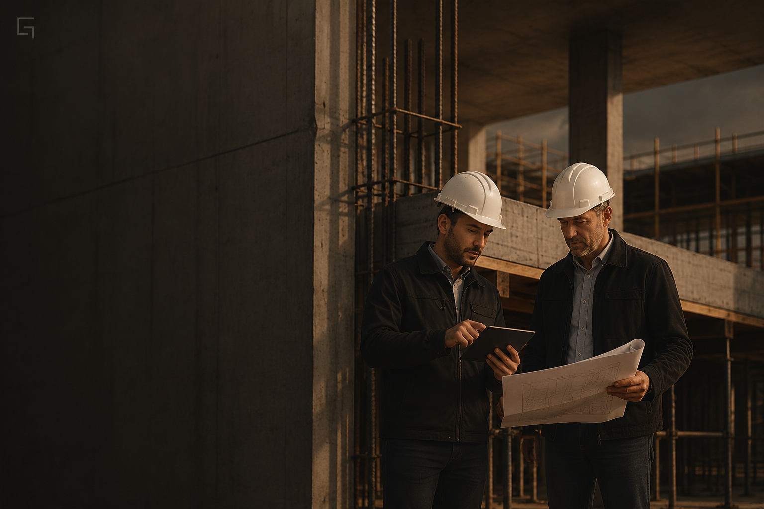 Equipo técnico revisando planos en una obra de estructura de hormigón